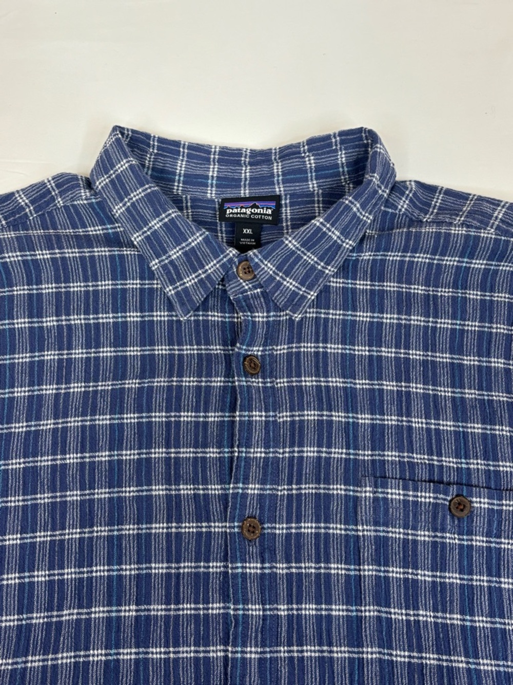 Patagonia Shirt Mens XXL Blue Puckerware Plaid Seersucker SS Gorpcore Outdoor